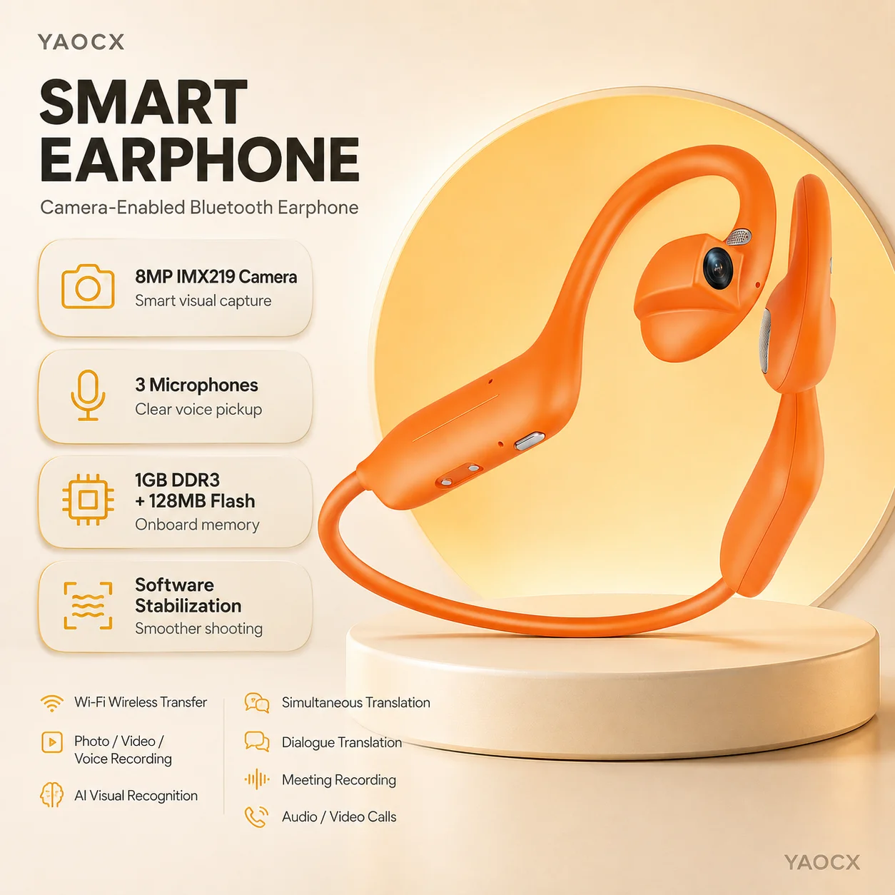 2026 Smart Camera Earphones 8MP EIS Open Ear Bluetooth Headset 8GB Storage Hands-Free Recording AI Assistant for Travel Sport