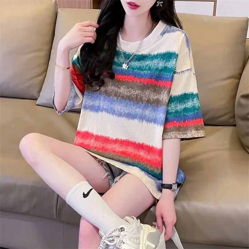T-shirt a maniche corte in puro cotone Abbigliamento estivo di media lunghezza da donna Nuovo design a righe Top pigro allentato Ins Trend