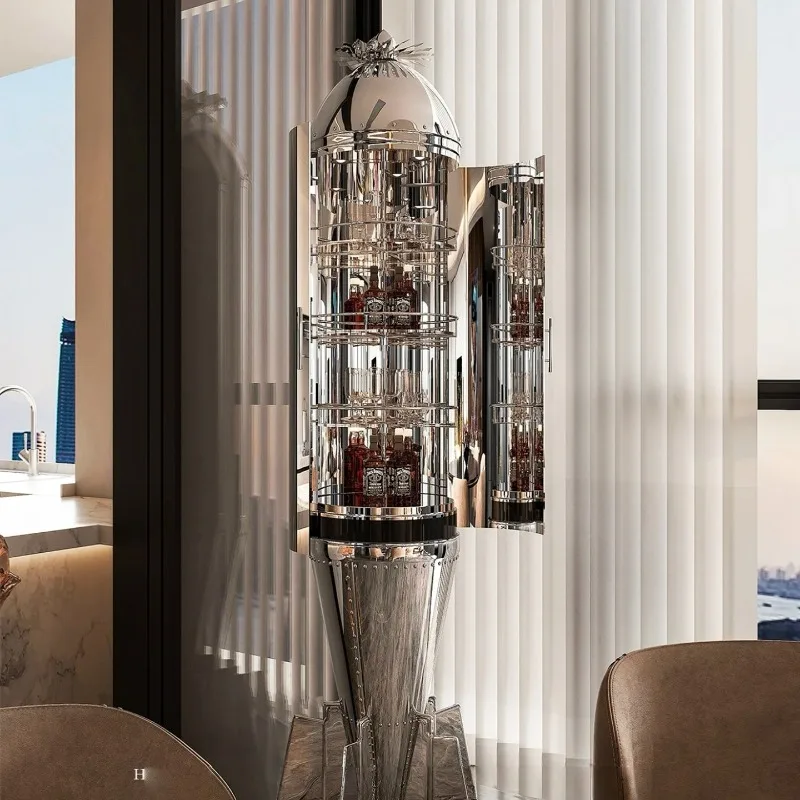 Light luxury stainless steel wine cabinet villa home living room art glass rocket-shaped display cabinet