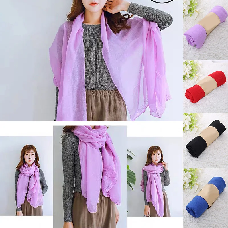 Fashion 17 Colors Women Long Scarf Wrap Scarves Vintage Cotton Linen Large Shawl Hijab Elegant Solid Purple Black Red 180*45cm