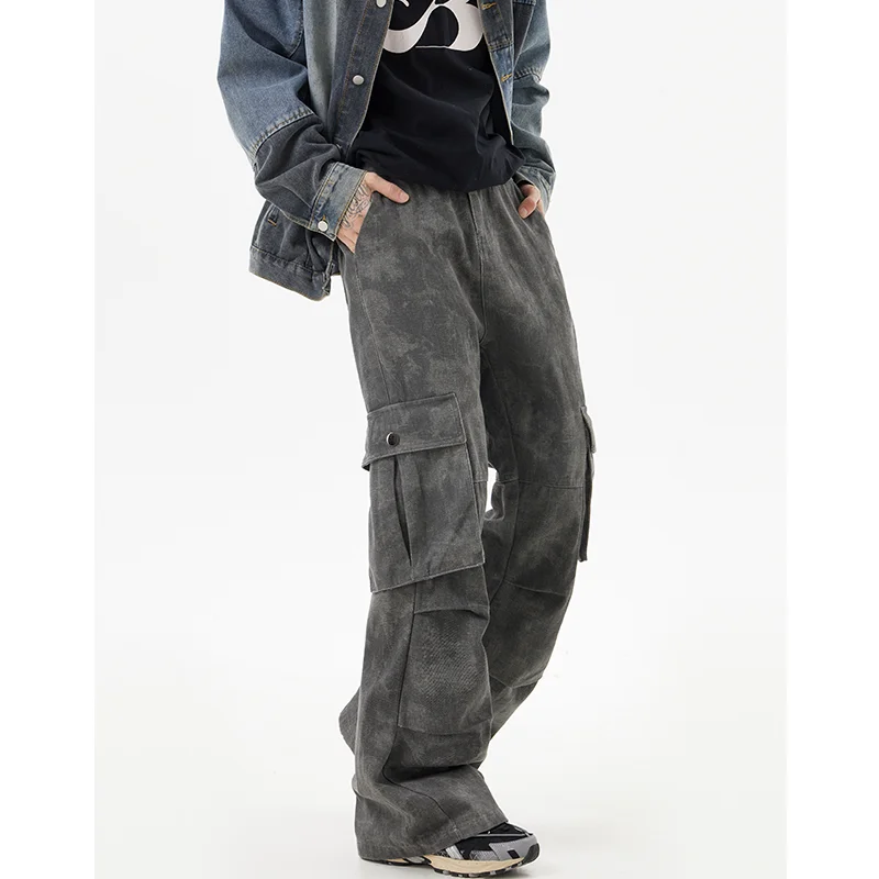 

2024 Spring New Cargo Pants Vintage High Street Overalls Harajuku Men Multi-pockets Loose Casual Straight Mopping Trousers