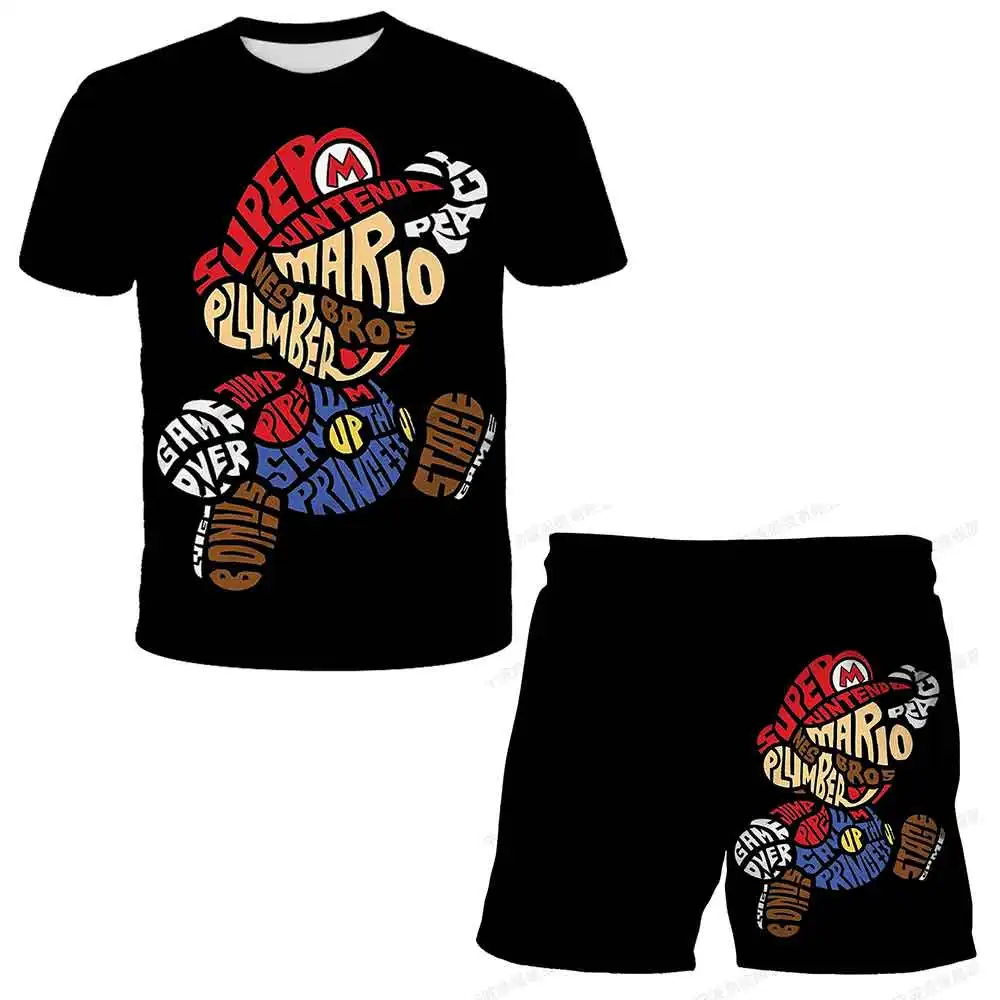 

Summer anime Super Mario fashion cute boy 3D top T-shirt+shorts two-piece set Mario girl and boy tops short sleeved