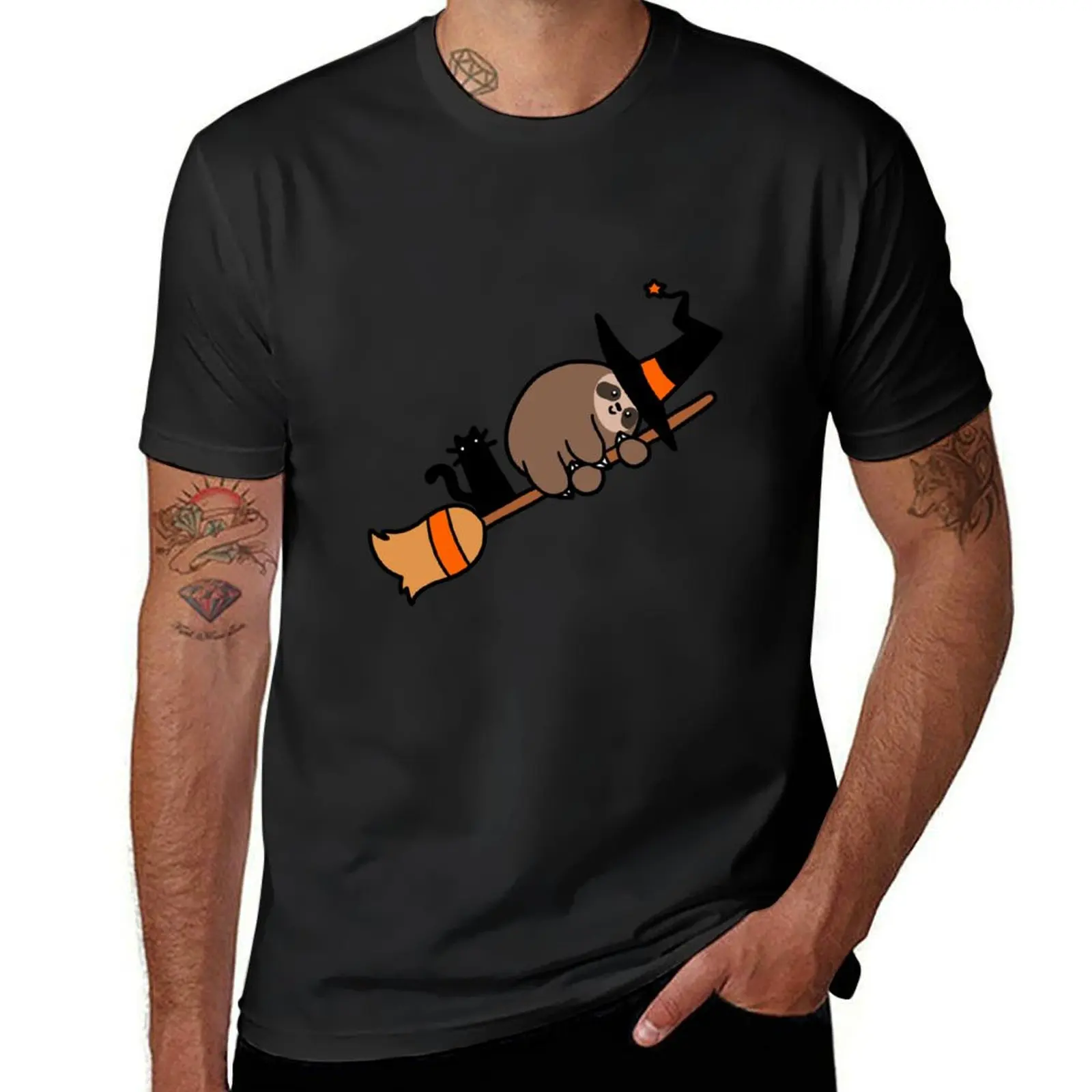 Witch Sloth on Broomstick T-Shirt shirts graphic tees customs blanks mens t shirt graphic