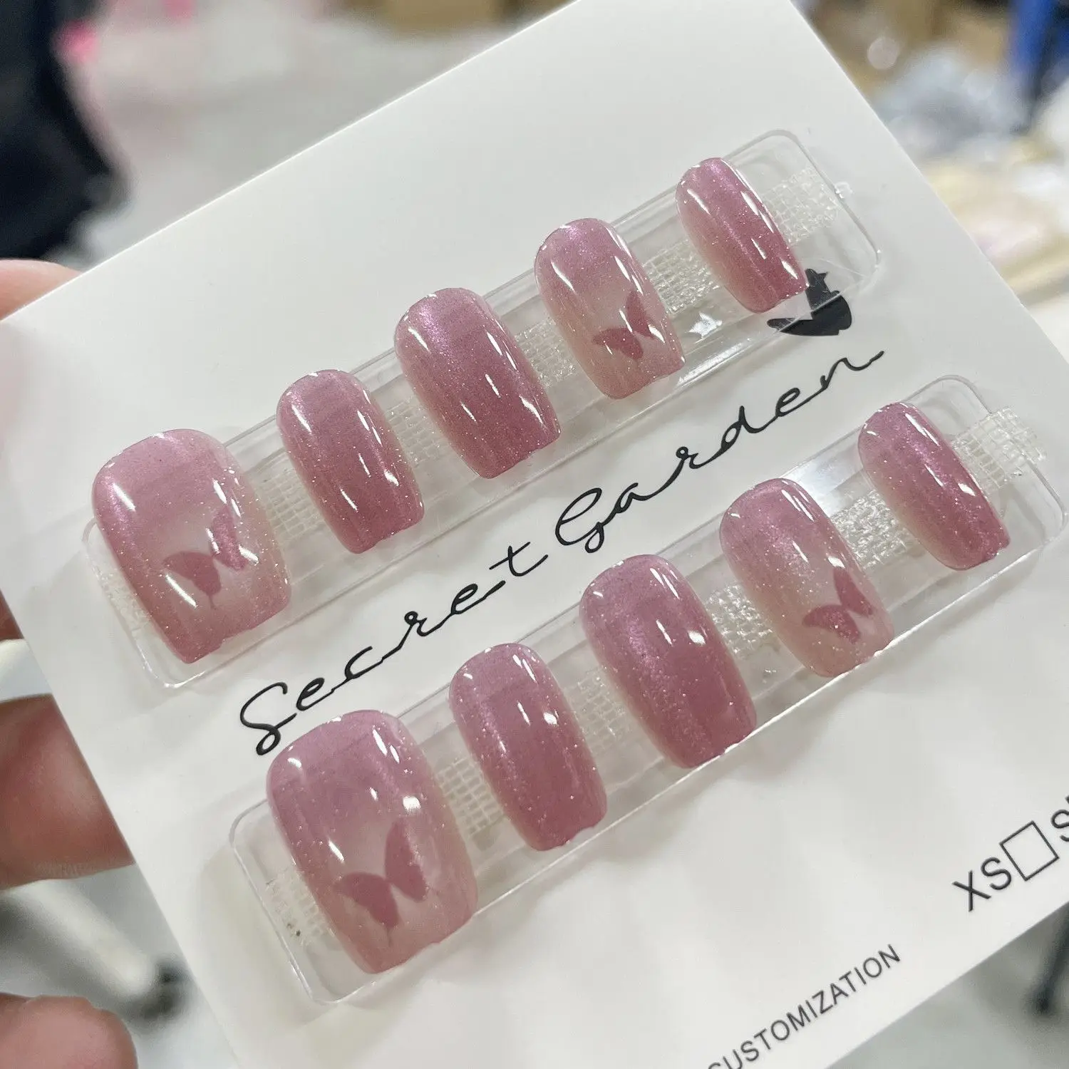 

10Pcs Ladies Handmade Cat Eye Press on Nails Lovely Pink Purple Butterfly Nail Patch Removable Girl Short Style Nail Tips