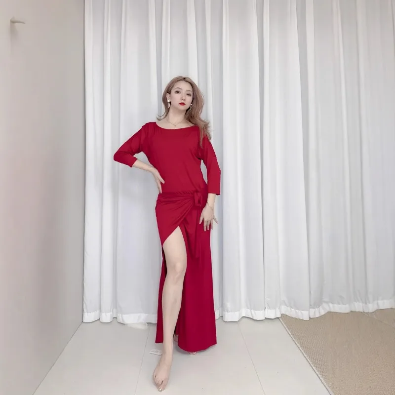 costumi di danza del ventre personalizzati pratica vestito vino rosso modal cravatta abito abito esotico dancewear cantante costume da donna