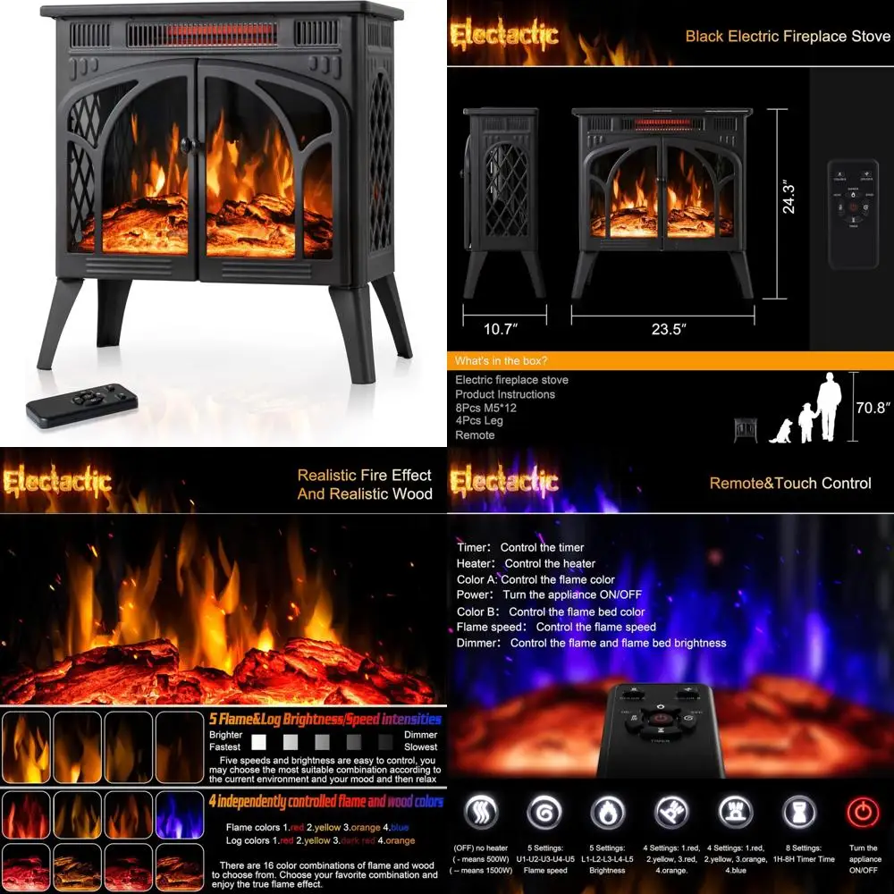 

24-дюймовый отдельно стоящий инфракрасный электрический камин с регулируемым 3D-пламенем, 4 вариантами пламени и бревна