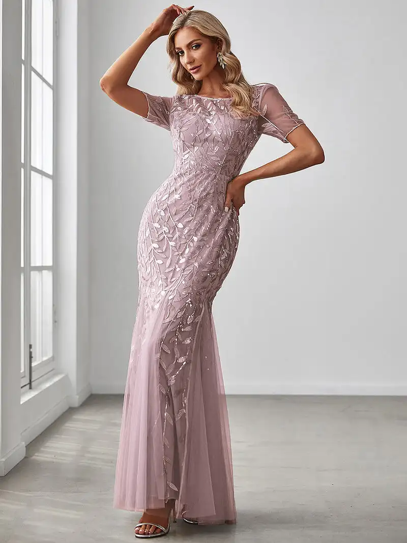 Elegante vestido de noite lantejoulas impressão fishtail tule vestidos para festa 2025 sempre bonito de lilás lantejoulas tule vestidos de dama de honra