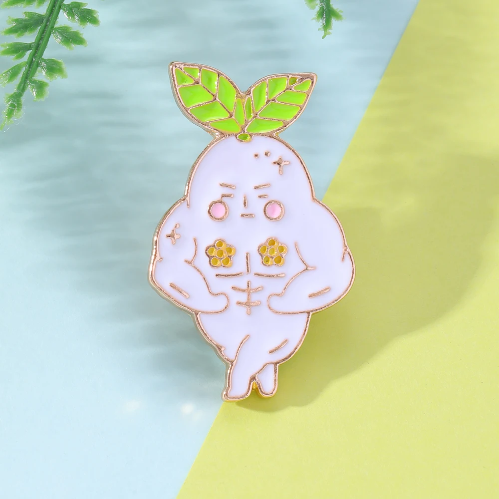 Nuevo en alfileres esmaltados de bebé de Ginseng de dibujos animados, broches dorados con forma de Dios de rábano blanco de Anime japonés