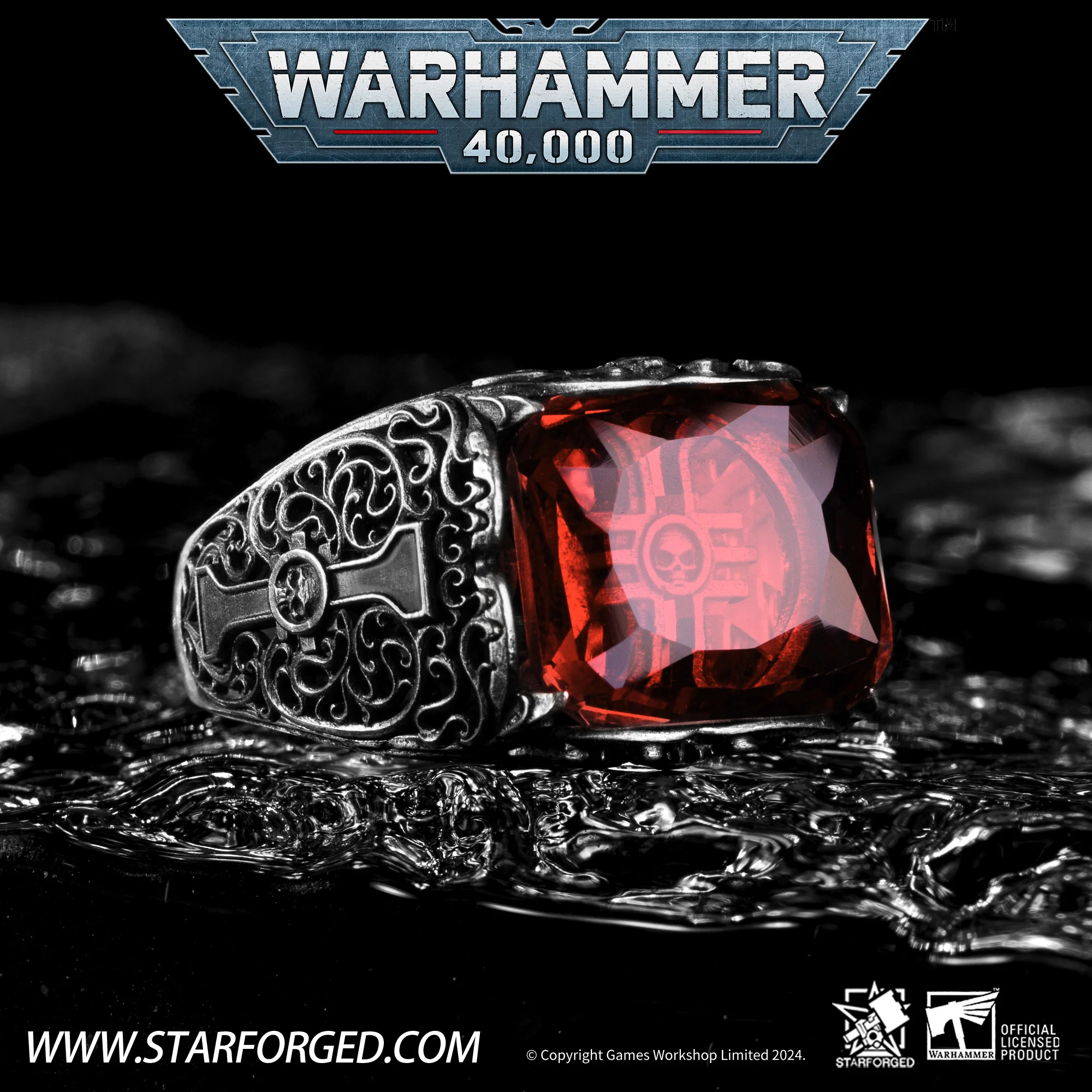 Warhammer 40K Seal of The Iquisitor Ring The Officio Inquisitorus Witness of The Sealer 925 Silver 18K Gold Artificial Ruby Game