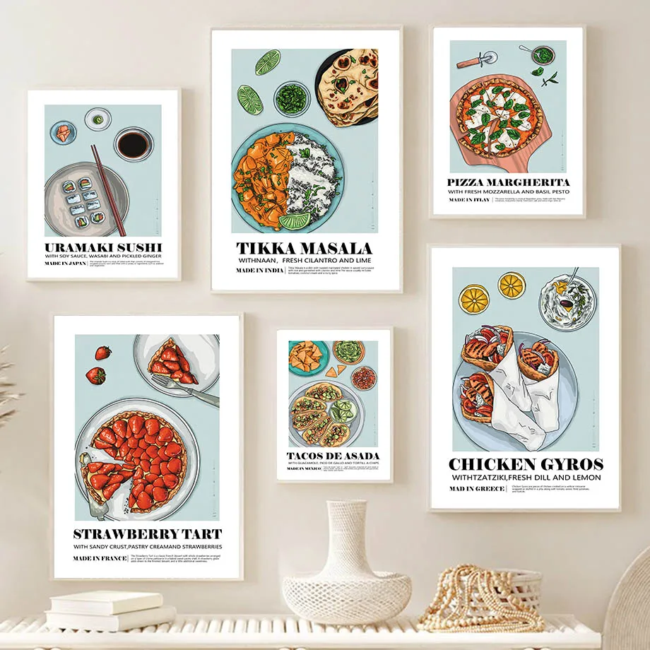 

Sushi Pizza Dumpling Japanese Korean France Italy Mexican Foods Poster Prints Wall Art Canvas Painting Modern Kitchen Bar Decor