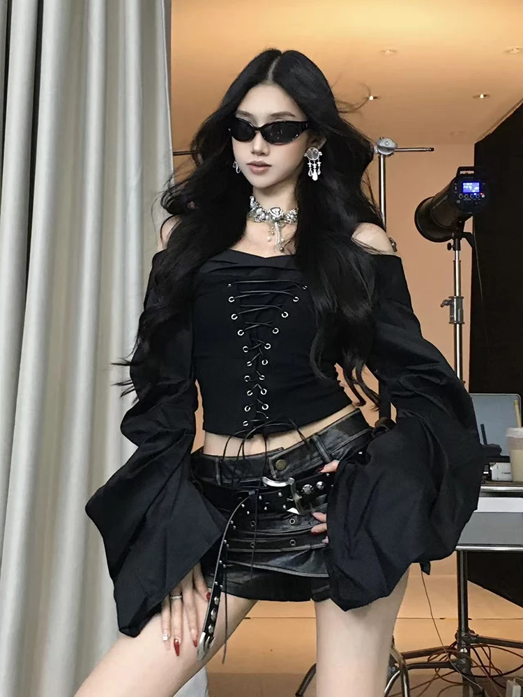 Y2K Sexy Slash Neck Slim T Shirt for Women American Streetwear Lace Up Crop Tops Bodycon Gothic Long Sleeve Patchwork Tees New
