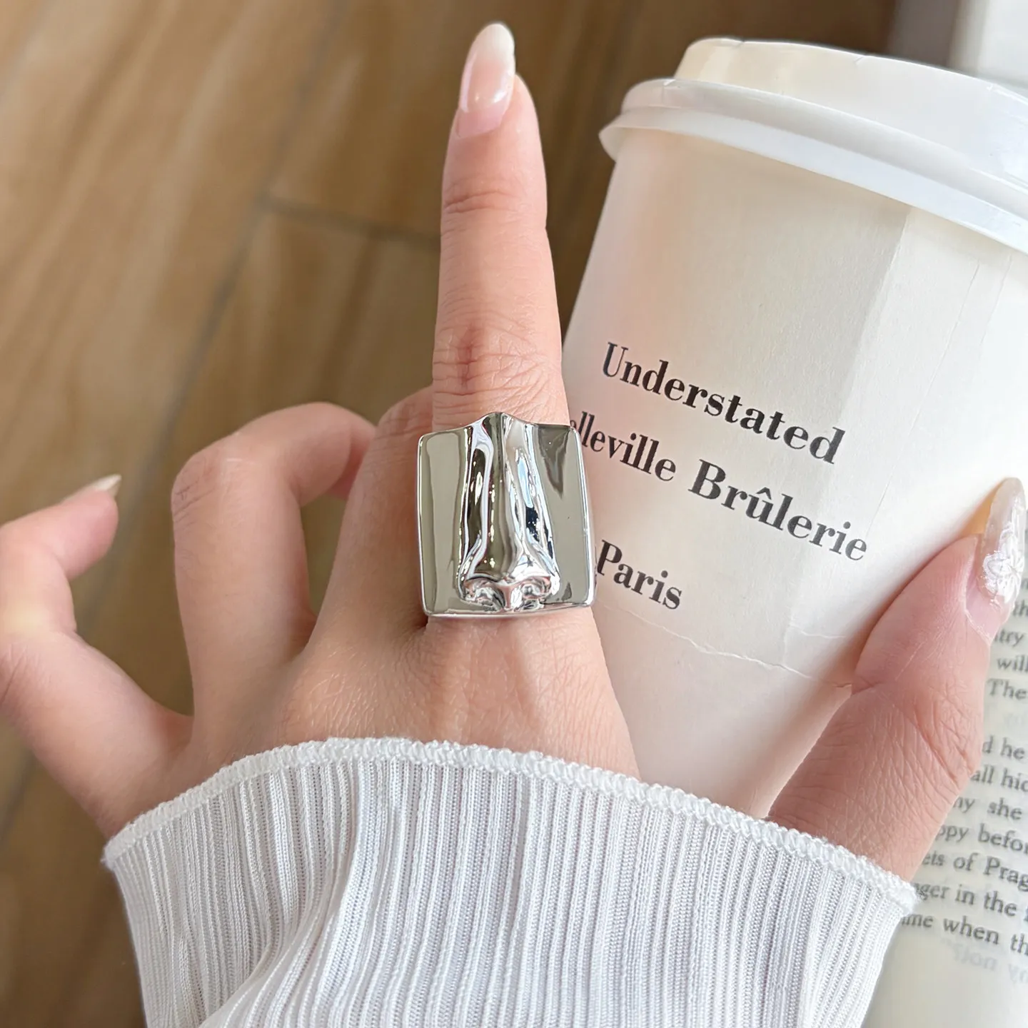 Abstract Silver Gold Square Open Ring Texture Wide Band Ring Minimalist Designer Style Trendy Party Accessories