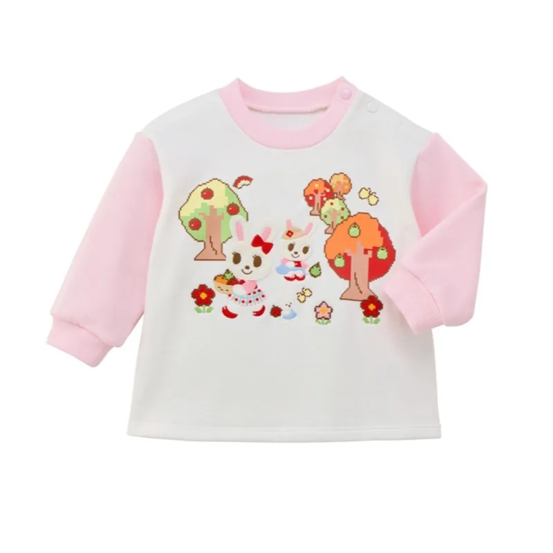 Baby Girls Hoodies Kids Pullover Japanese Style Cute Rabbit Orchard Embroidery Color‑Block Sweatshirt Spring Autumn Inner Tops