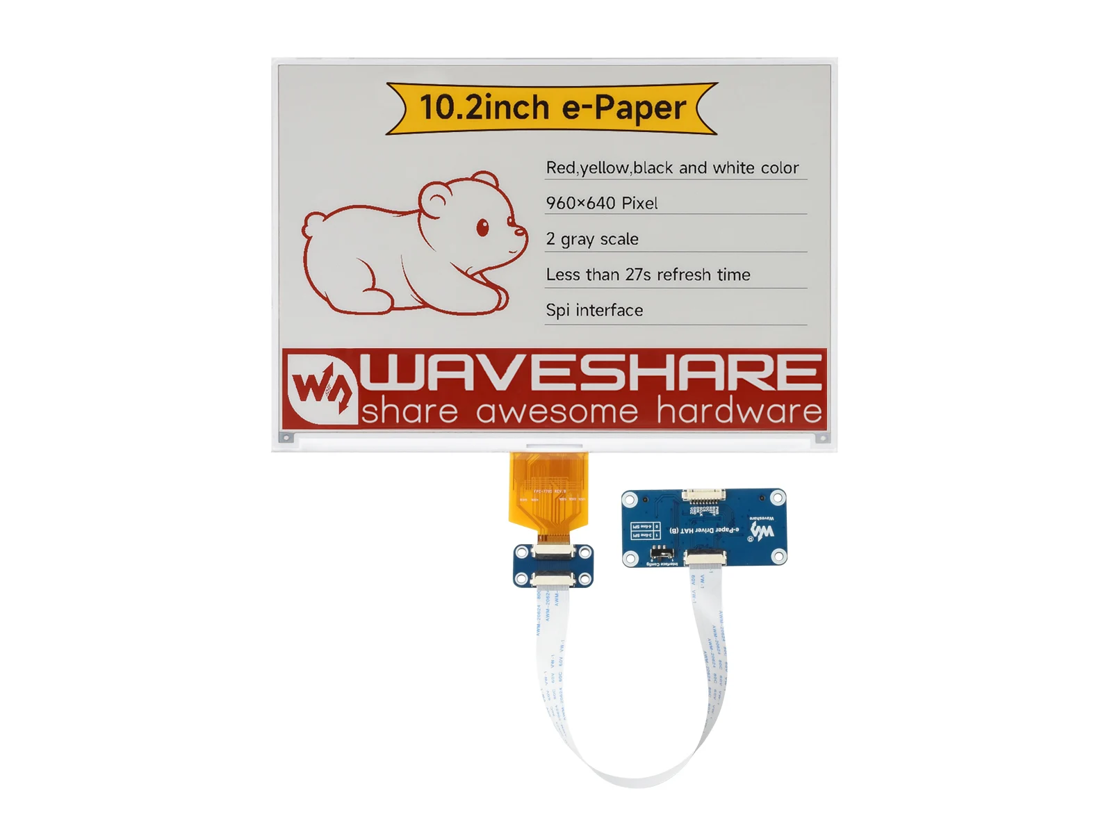 

10.2inch E-Paper Display (G), E-Ink Display, 960x640, Red/Yellow/Black/White,SPI Interface,Paper-Like Effect Without Electricity