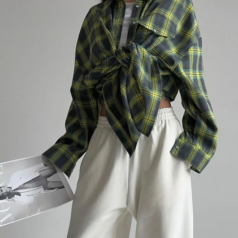 Oversized Plaid Shirt Autumn Winter Women Vintage Long Sleeve Fashion Loose Lapel Pocket Shirt Fit Blouse Korean Style view 2