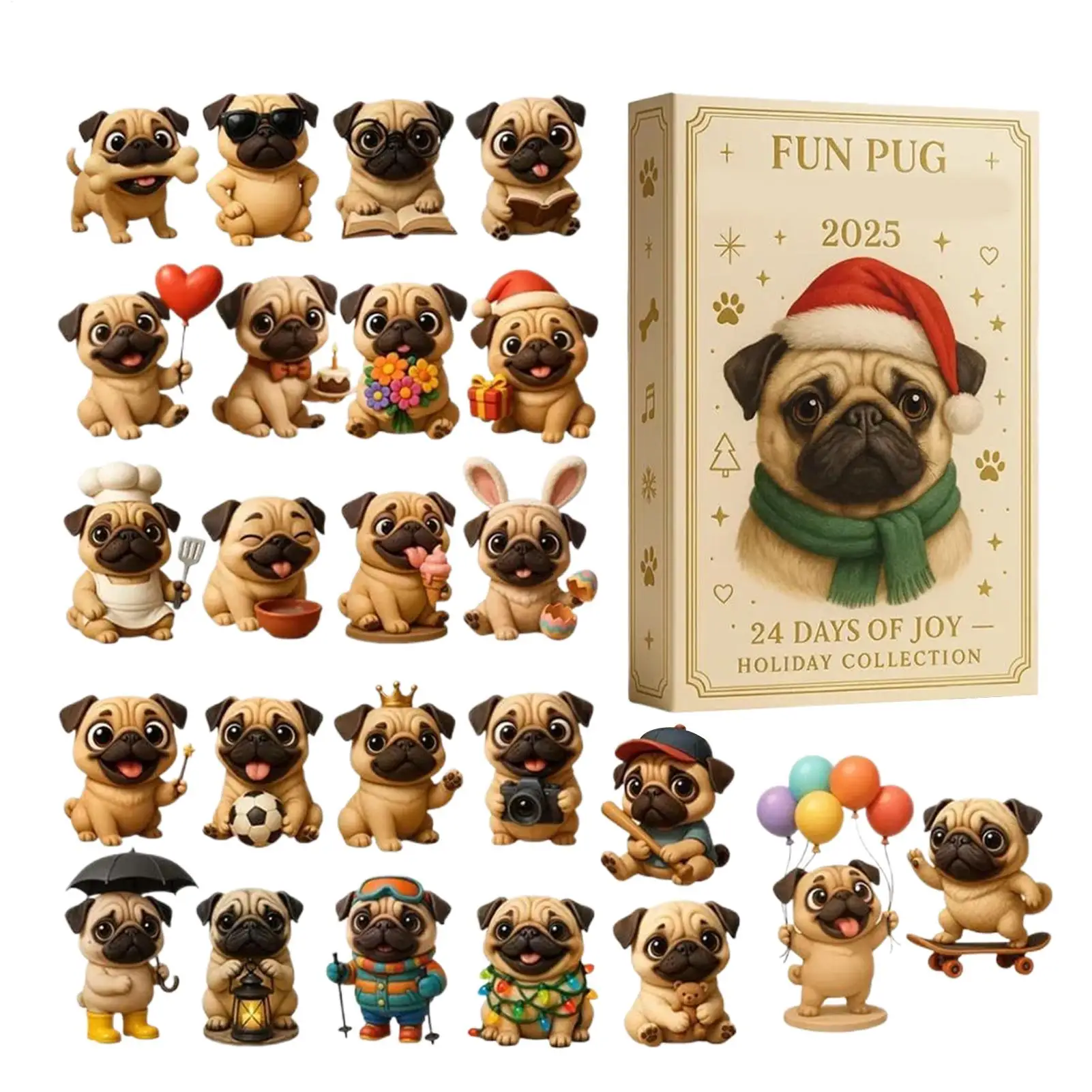 2025 Mops 24 Tage Weihnachten Countdown-Kalender Hunde Figur Ornamente 24 Stück 2D flacher Weihnachtsbaum interessanter Habadog-Anhänger