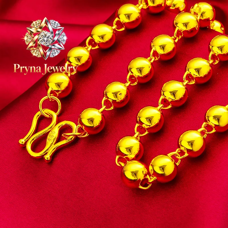 Pryna Jewelry  24K Gold AU999 Men 8mm Polished Bead Necklace 60cm - Premium polish craft, 8mm medium beads, 60cm for mature men
