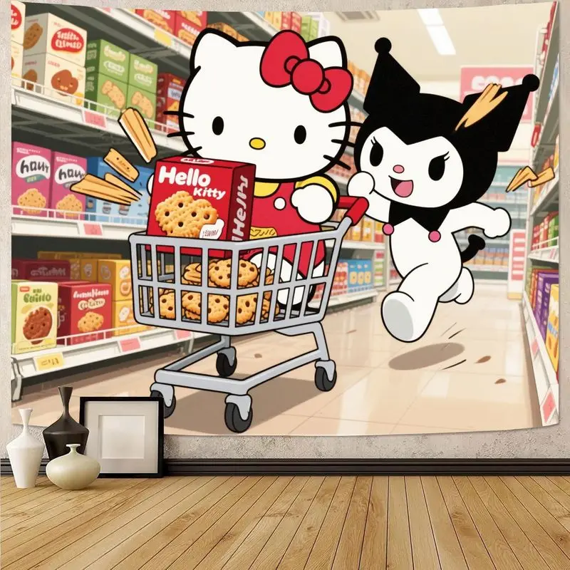 

1 шт. Sanrio Hello Kitty Kuromi гобелен для покупок в супермаркете, кавайный мультяшный полиэстер настенное искусство для гостиной, спальни, общежития, деко