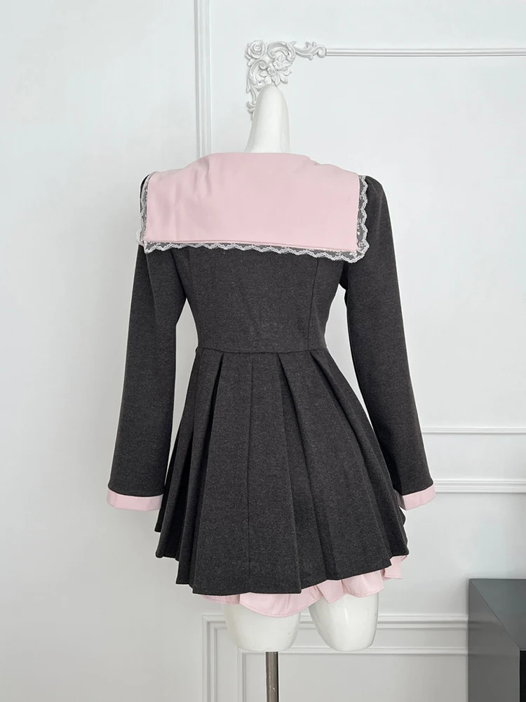 Women College Preppy Mini Sailor Collar Dress Korean Shoujo Girl Frock Long Sleeve One-Piece 2000s Sweet Japanese Y2k Bow JK New