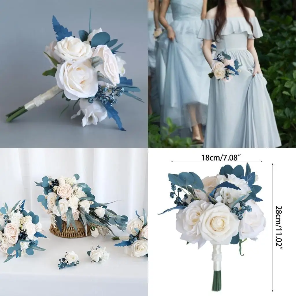E8BD Romantic Champagne Rose Bouquets for Bride Bridesmaid Holding Flowers