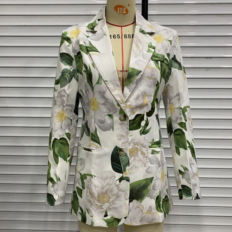 

2025 Autumn Women Long Sleeve Mid-Length Flower Print Stylish Lightweight Outerwear Casual Leisure Outfits Business Suit Jackets