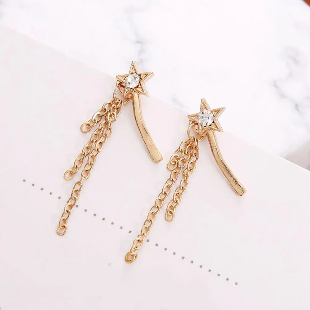 Polished Star Stick Earrings Tassel Chain Star Stud Earrings Set Women's Metal Drop Piercing Jewelry Gift Elegant Dangle