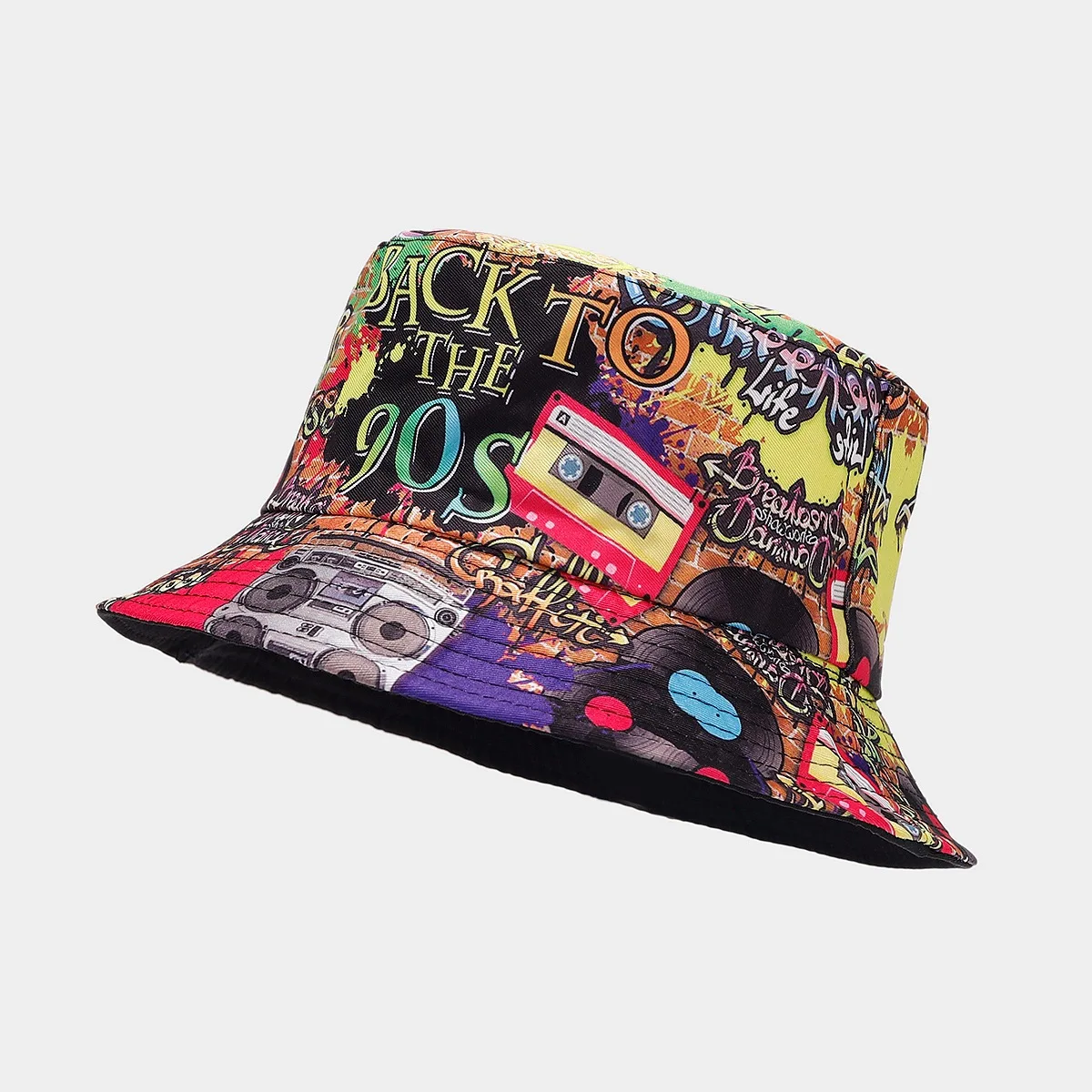 Summer Vintage 80 90 Party Graffiti Bucket Hat Men Women Reversible Panama European  American Classics Bob Fishing Beach Sun Hat