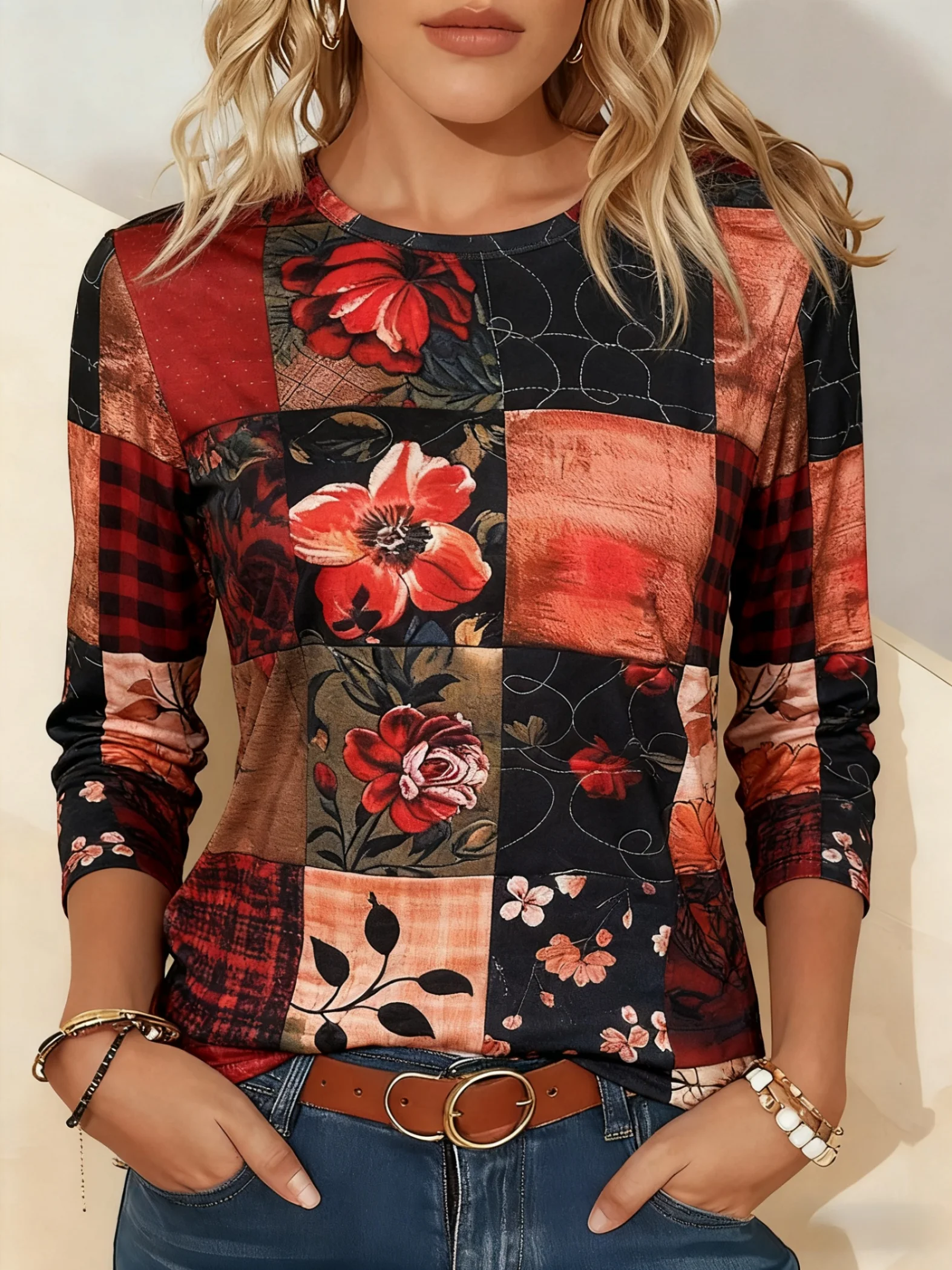 Artistic landscape painting pattern, slim fit, casual round neck, long sleeves, everyday creative oil painting design pattern.