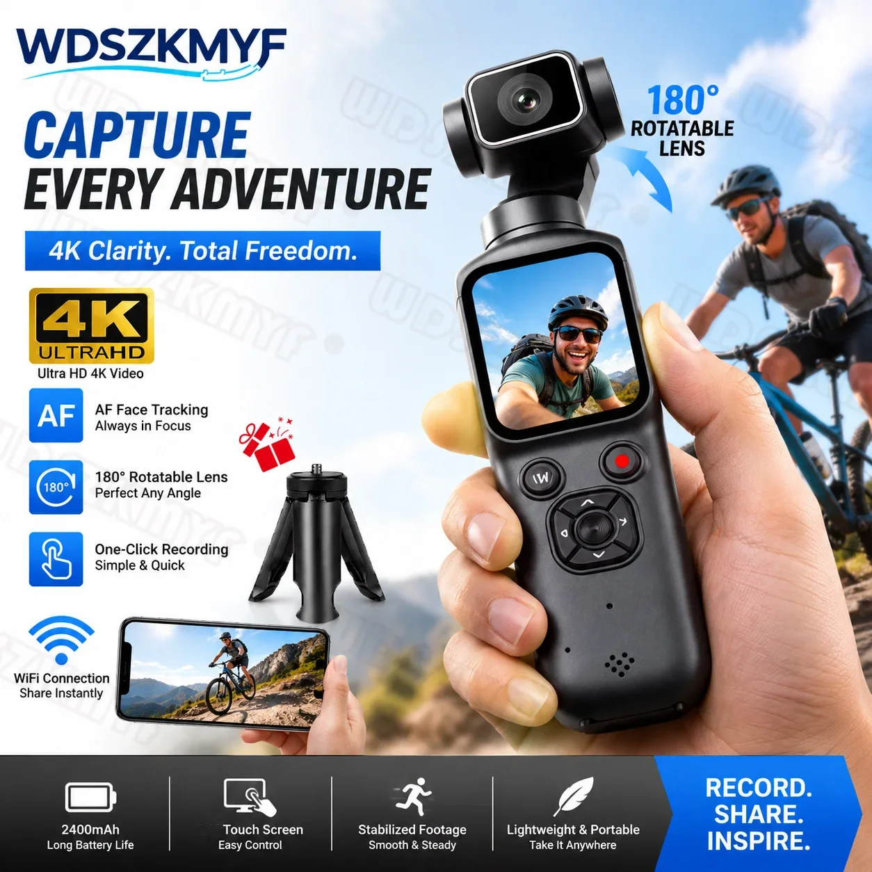 New Portable Action Cameras Wifi 4K Pocket Vlogging Camera 330° Face Tracking Auto Rotatable Touch Screen Sports DV Bodycam