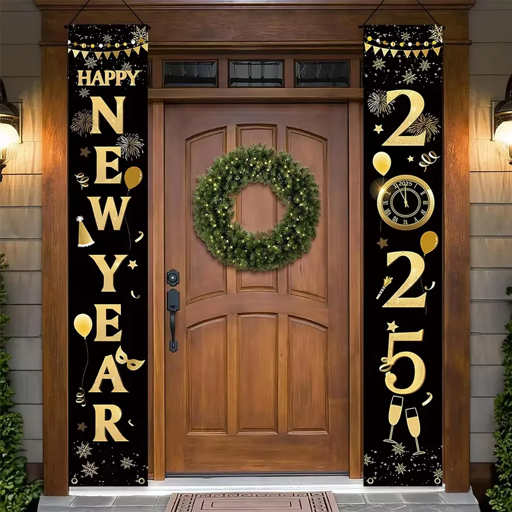 2025 Happy New Year Door Banner New Year Porch Banner Signs Happy New Year Hanging Decorations for New Years Eve Party