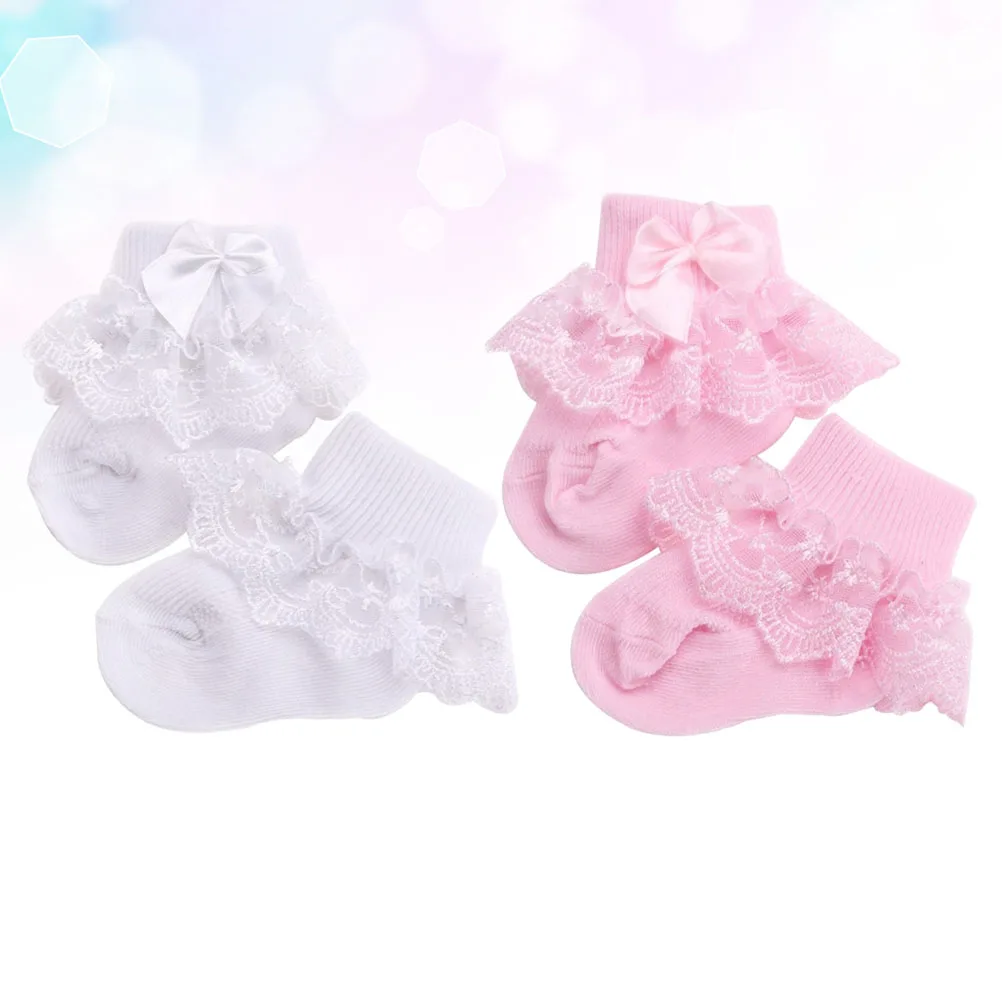 

2pcs Baby Socks Lace Stockings Bow Knot Design Soft Breathable Warm Stretchy Kids Toddlers White Pink Size S 0-1Y