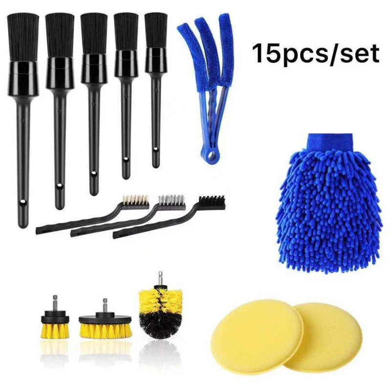 15PCS Car Cleaning Tools Dashboard Air Vent Detail Brush Interior Leather Duster Car Wash Glove Sponge Drill Brush