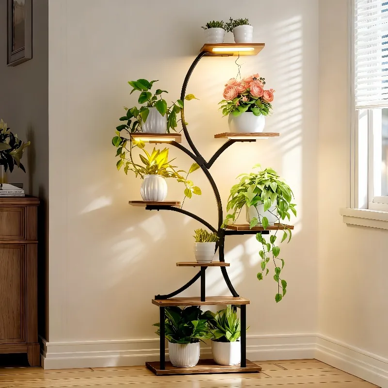 8-Tier Metal Indoor Plant Stand Tree-Shaped Corner Shelves Thick Wooden Boards for Balcony Patio Living Room Entrance Decor