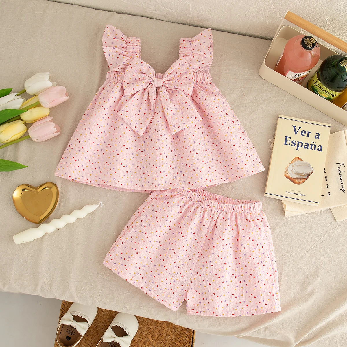 Girls' Set 0-3 Years Old Summer New Bow Little Heart Flying Sleeve Camisole Top+Same Style Shorts Two-Piece Set