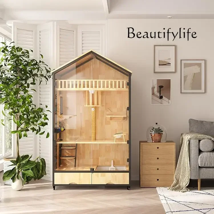 

S Cat cage villa three-layer solid wood large luxury household cat house cage high-end cat cabinet