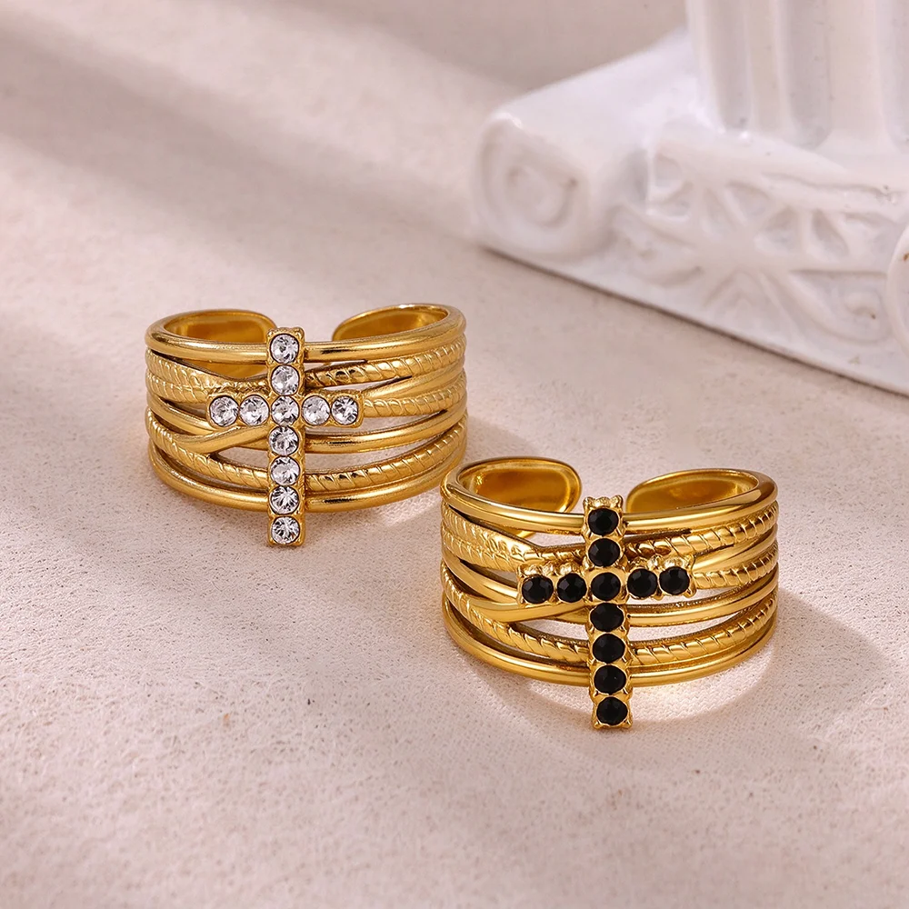 2 PCS Cross Rhinestone Open Ring Set for Women Multi Layer Twisted Band Rings Stainless Steel Punk Gothic Stackable Jewelry Gift