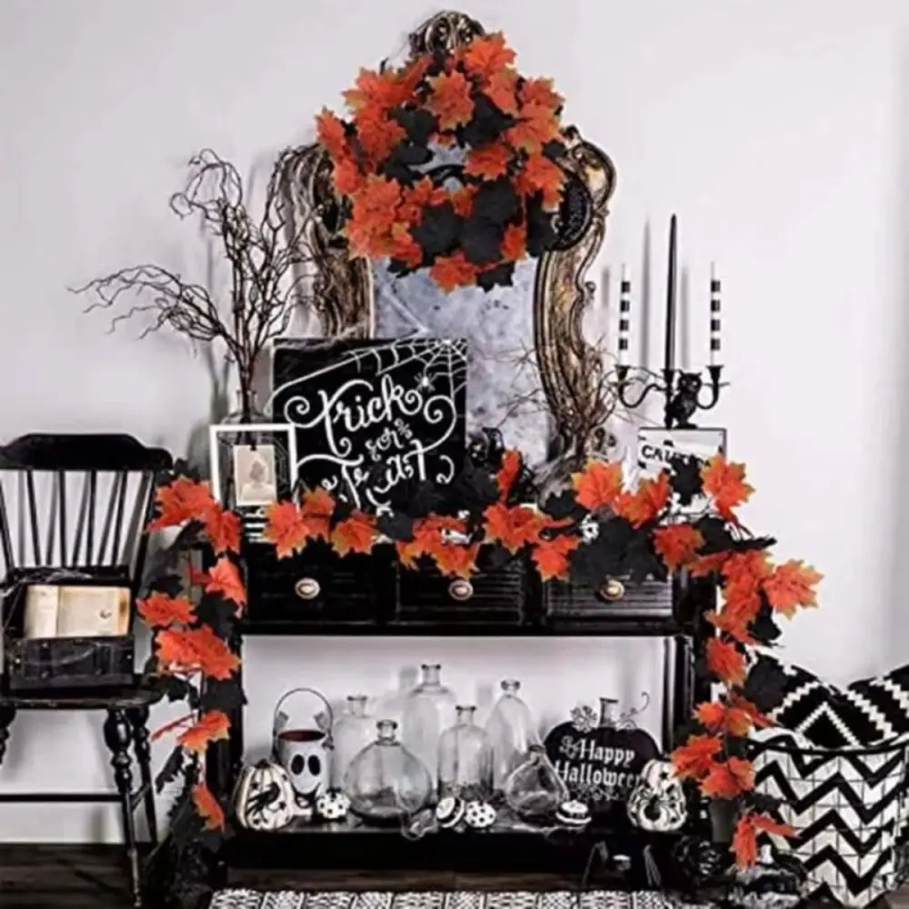 Realistic Artificial Maple Leaf Garland Plastic Reusable Halloween Leaf Vines Scene Layout Silk Autumn Fall Decor