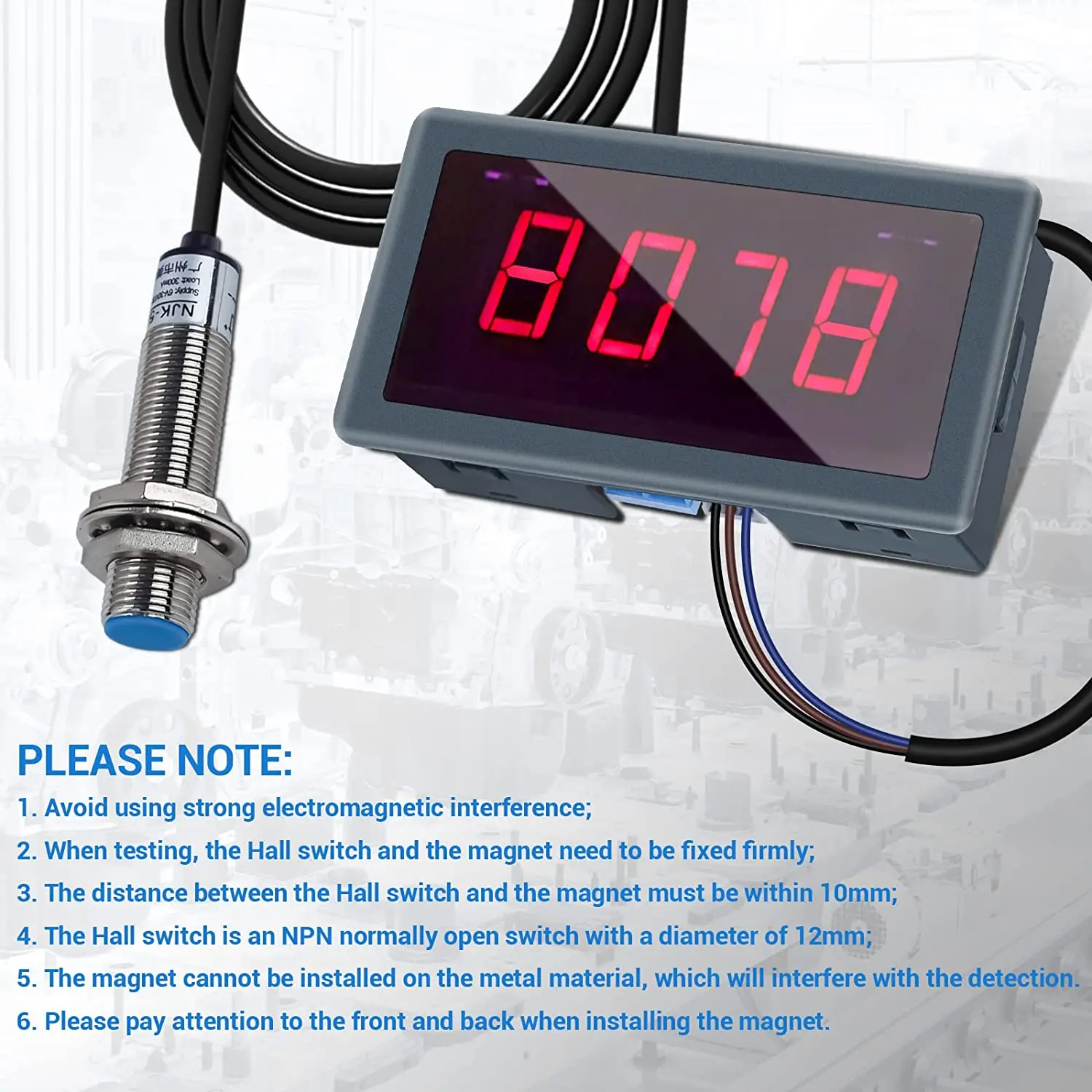 Digital LED Tachometer RPM Speed Meter 4Bit Motor Tachometer AC 110V 220V with Hall Proximity Switch Sensor NPN for Lathes