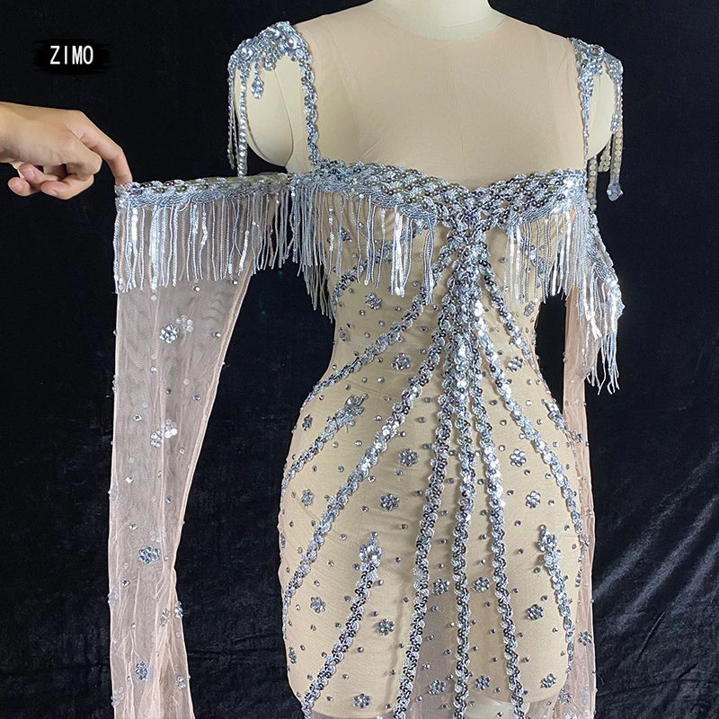 sexy see through dress mesh rhinestones sequin dress fringe Elegant mermaid off shoulder party birthday stage drag queen costume