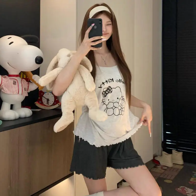 Летние пижамы без рукавов Sanrio, 2 шт., жилет с героями мультфильмов Kuromi для девочек, популярные студенческие шорты «Hello Kitty», модная домашняя одежда My Melody