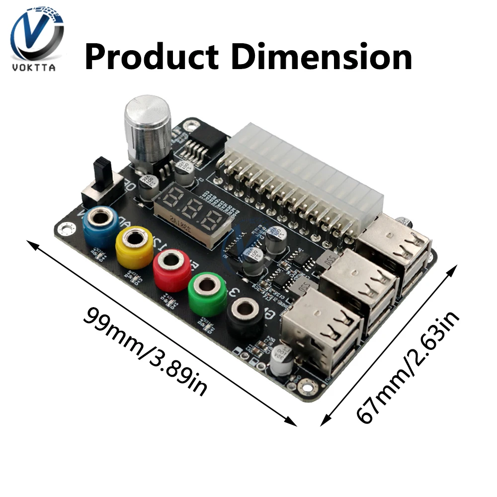 Placa de conexión de fuente de alimentación ATX, Módulo adaptador de fuente de alimentación USB 2,0 de 24 Pines, placa de transferencia de potencia de voltaje ajustable