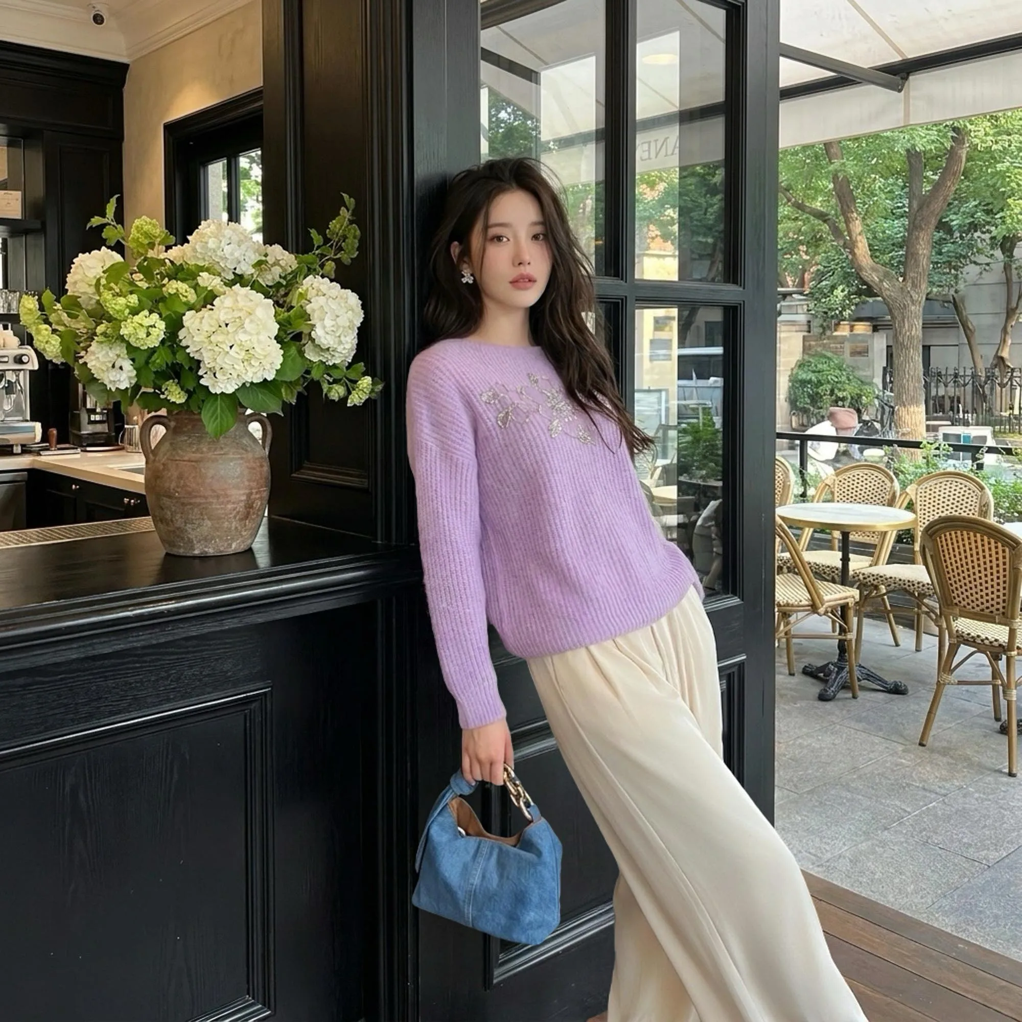 Sequins Knitted Sweaters Luxury Beading Slash Neck Pullover Off Shoulder Loose Fit Drop Shoulder Soft Sweater Female DM3CJS012