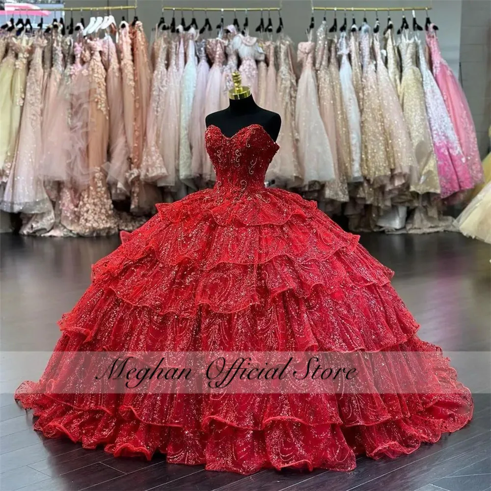 

Mexico Red Sweetheart Quinceanera Dress 2025 Sparkly Beaded Corset Prom Dress Ball Gown Tiered Sweet 16 Robe De Bal Customized