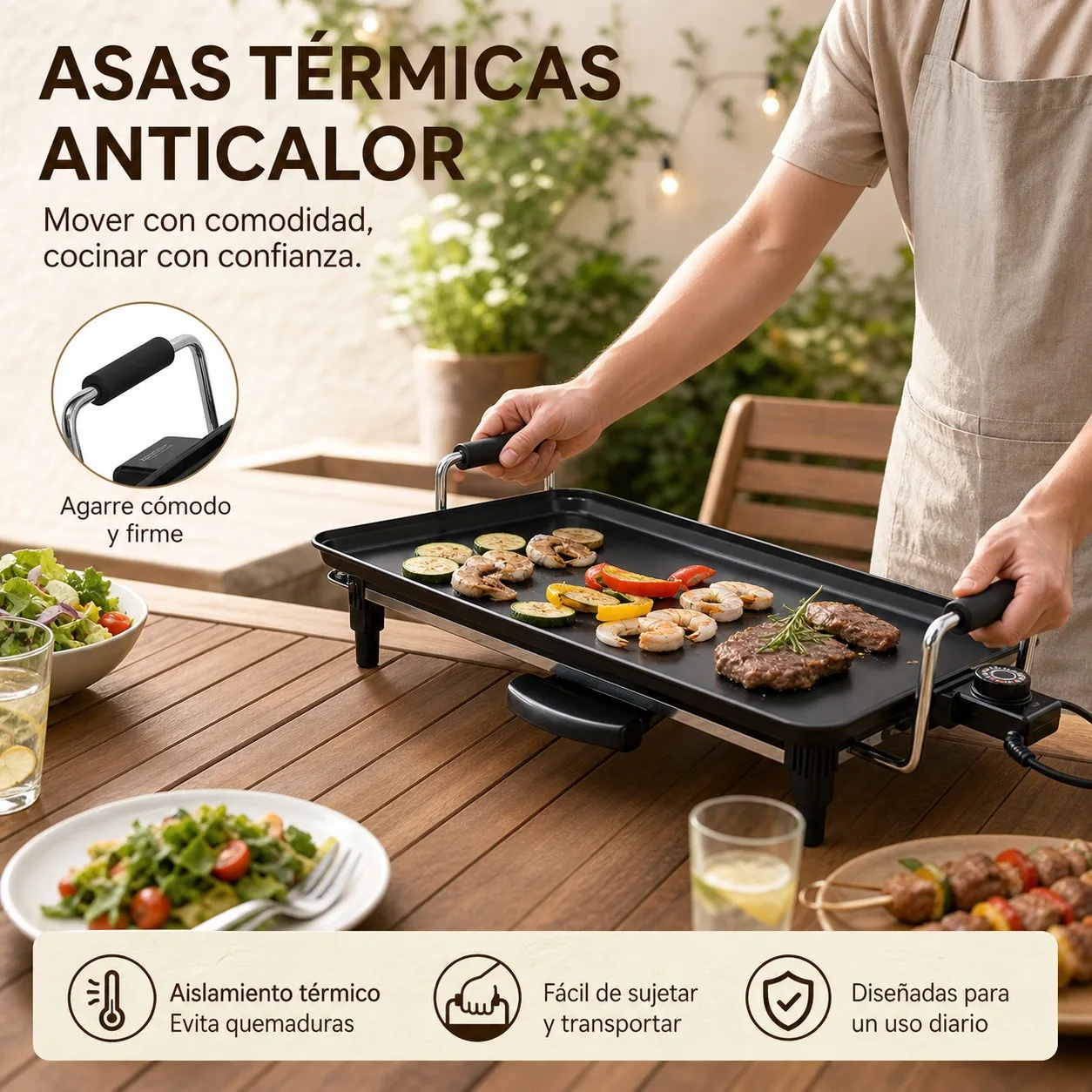 Plancha Eléctrica de Mesa 2000W con Superficie Antiadherente de 52x23cm, Temperatura Ajustable y Asas de Toque Frío para Barbacoa sin Humo en Interiores