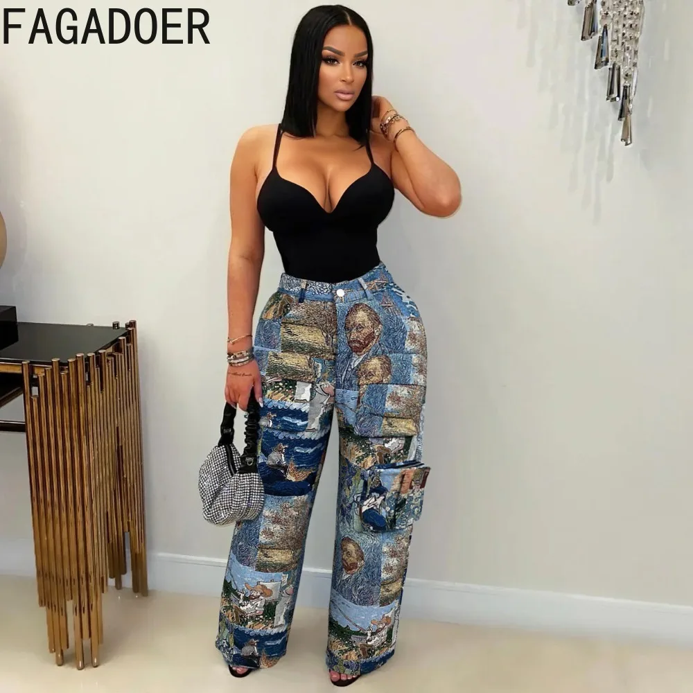 FAGADOER Fashion Retro Tie Dye Printing Pocket Cargo Pants Women High Waisted Button Straight Trousers Female Bottoms Streetwear