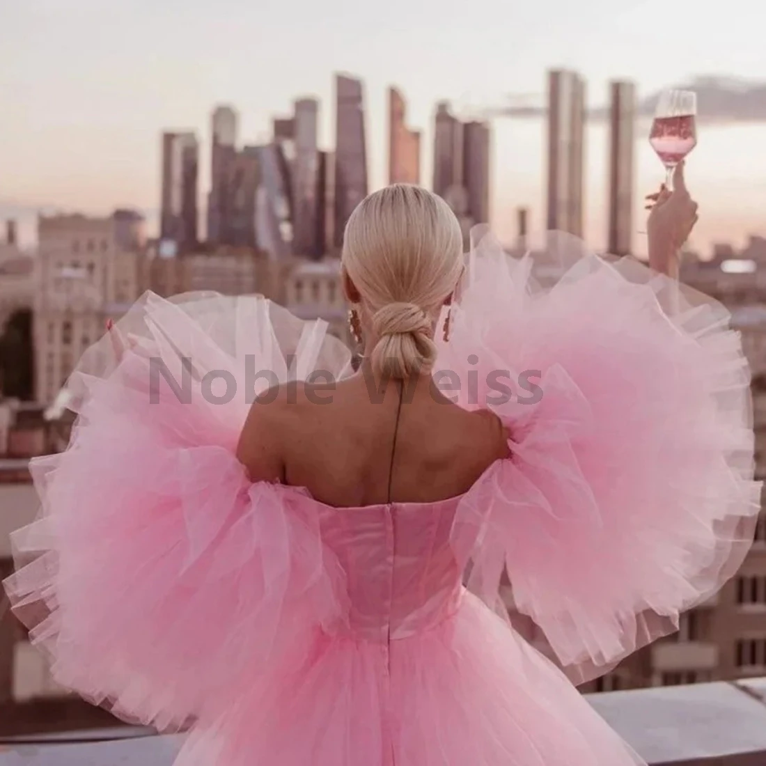Strapless Pleated Prom Dress A-LINE Knee-Length Evening Gown Puff Sleeves for Women Customized