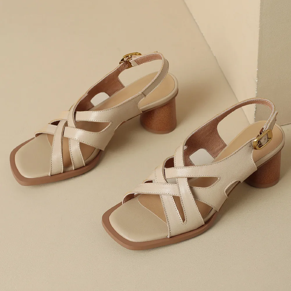 Sandals women 2023 sheepskin narrow band cross strap rome style summer pumps elegant ladies slim daily dress sandalias plus size