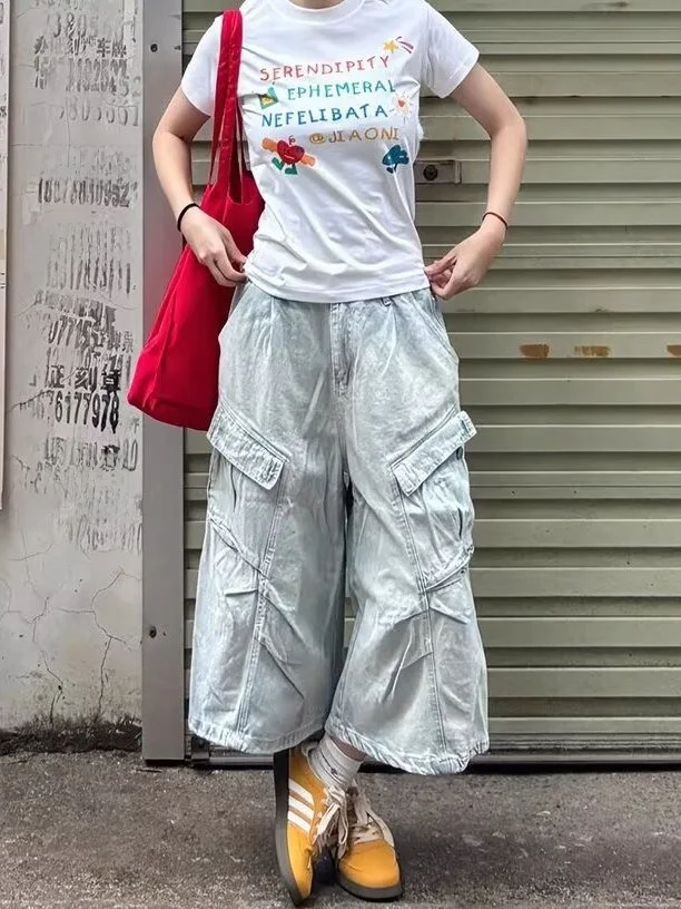 

Retro Washed Distressed Denim Workwear Shorts Loose Fit High Waist Wide Leg Pants Multi Pocket Casual Summer Jeans