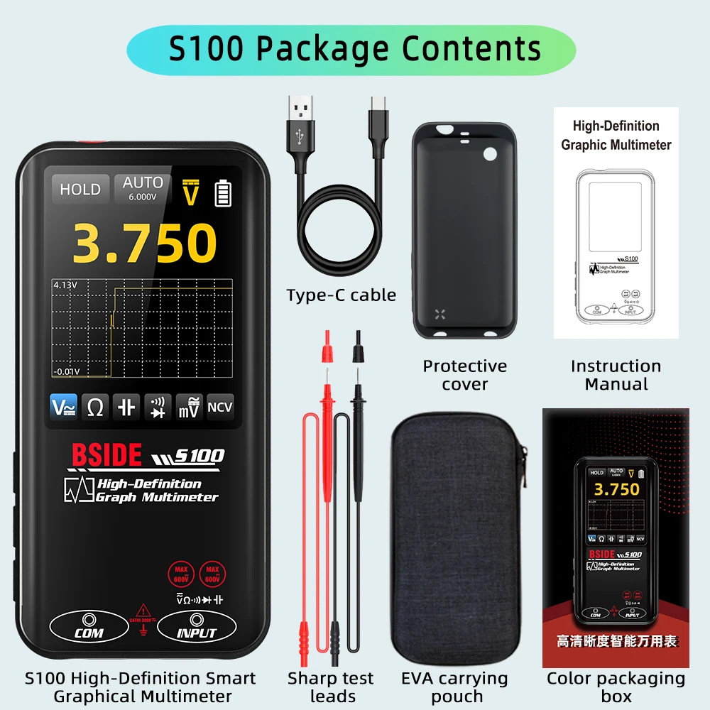 BSIDE S100 Graph Digital Multimeter 3.2 Inch TFT Screen Auto Range NCV AC DC Voltage Resistance Capacitance Rechargeable Tester