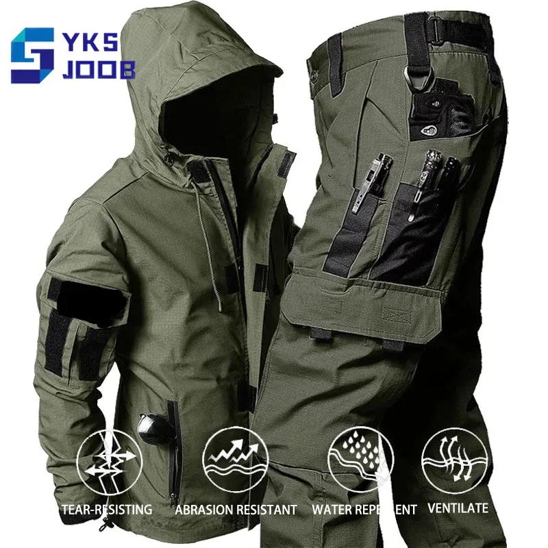 

Wear-resistant Tactical Hiking Thin Set Mens Waterproof Tear-resisting Breathable Jacket+pant 2 Pcs Suit Camping Treking Suits